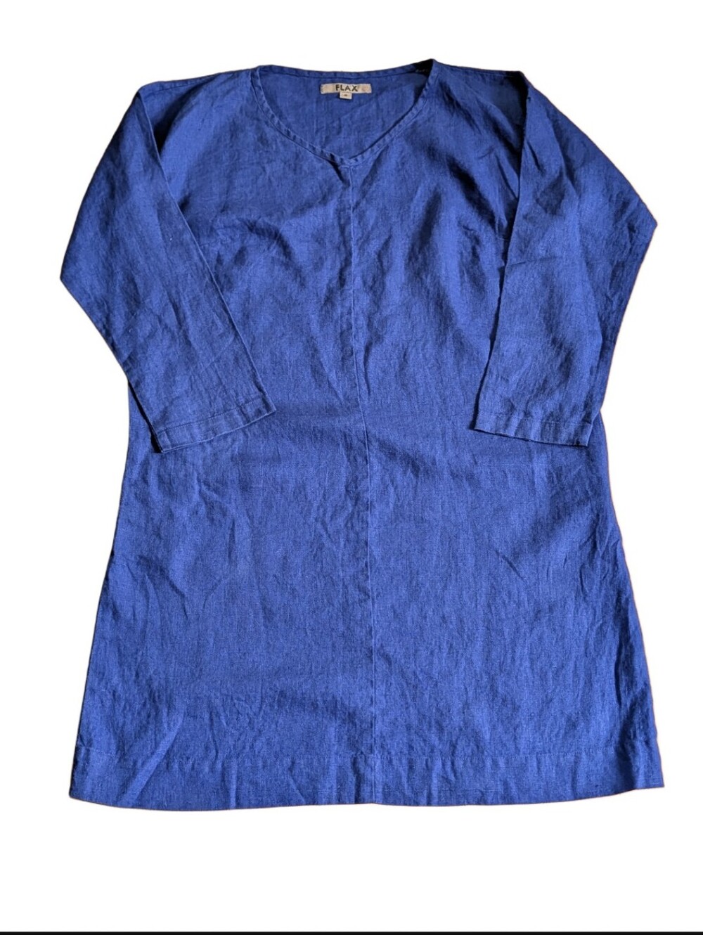 FLAX 100% Linen Cobalt Blue Lagenlook Relaxed  V Neck Long Sleeve Tunic Dress